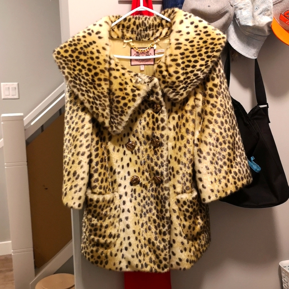 Juicy Couture Leopard Print Faux Fur Pea Coat in Yellow and Black